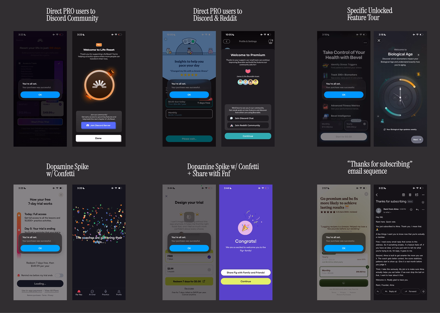 post-purchase screen design examples from Life Reset, Bearable, Bevel, BoldVoice, Fig & Alma nutrition tracking app